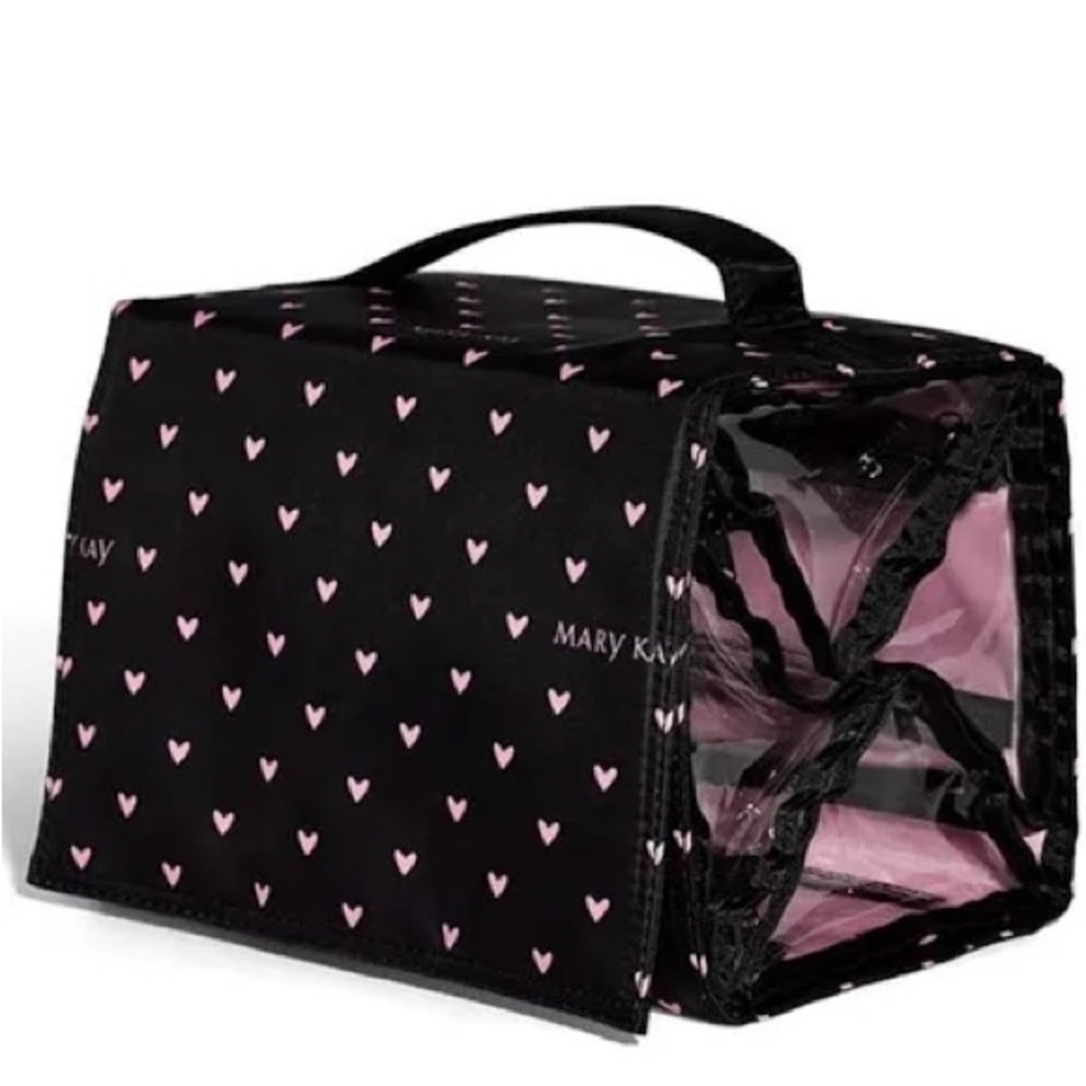Mary Kay Travel Roll Up Bag Hanging Makeup Organizer New Black with pink Hearts - Picture 2 of 4
